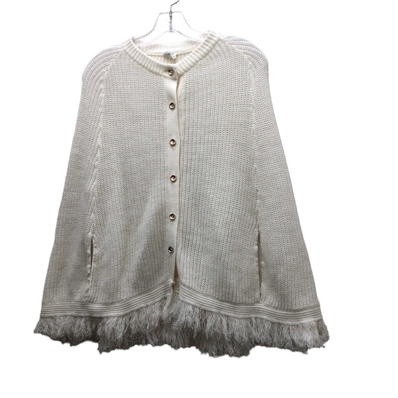 Growing Girls Girls' S ML Knitted Button Down Fringe Hem White Poncho Sweater - Picture 1 of 7